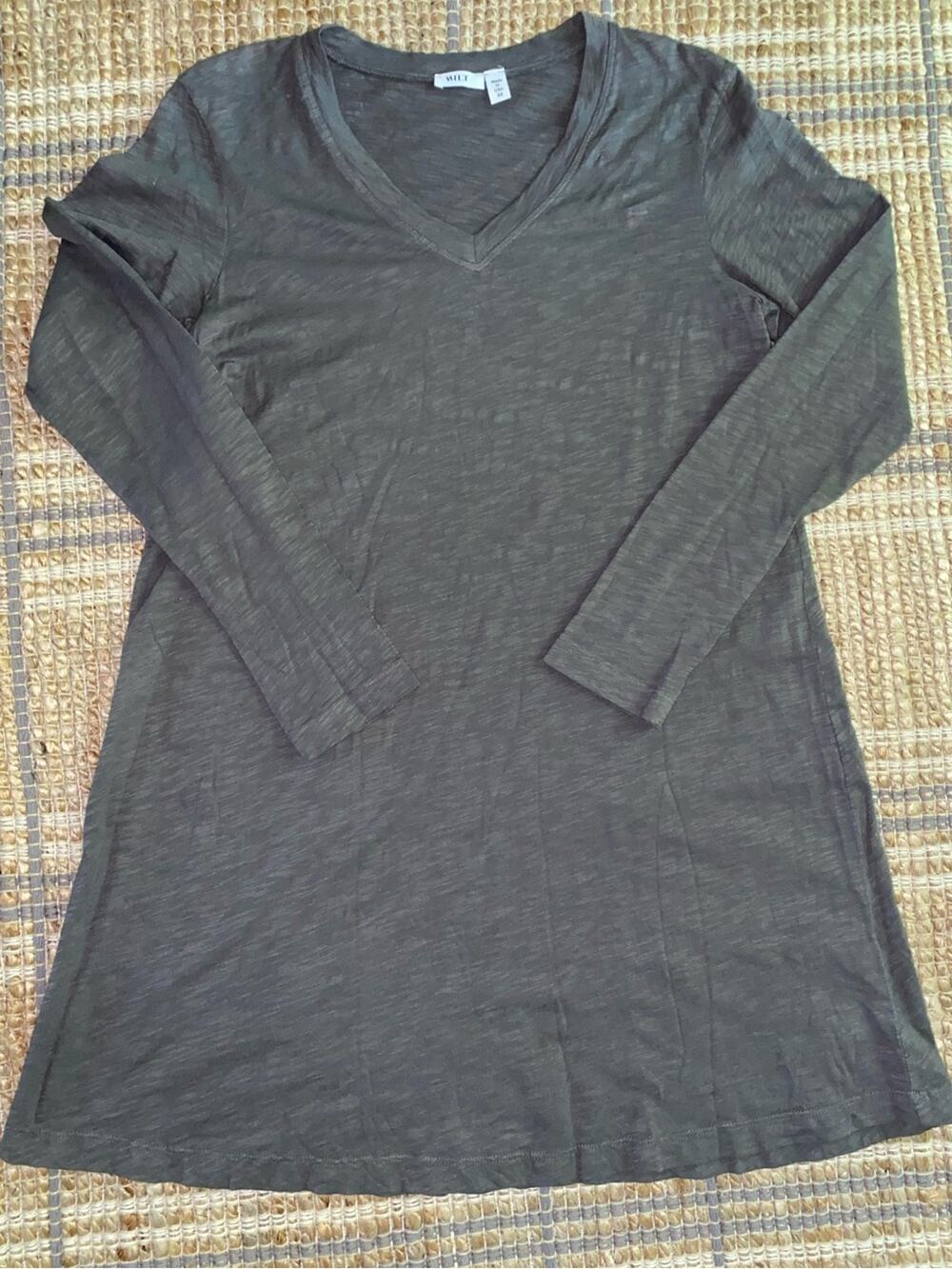 WILT $159 Slub Weave Taupe Brown Long Sleeve V Neck Tee Dress USA XS